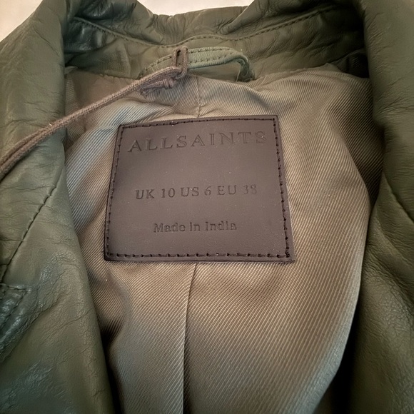 All Saints Dalby Biker 100% lamb leather moto jacket sage green size 6 NWT - Picture 8 of 14